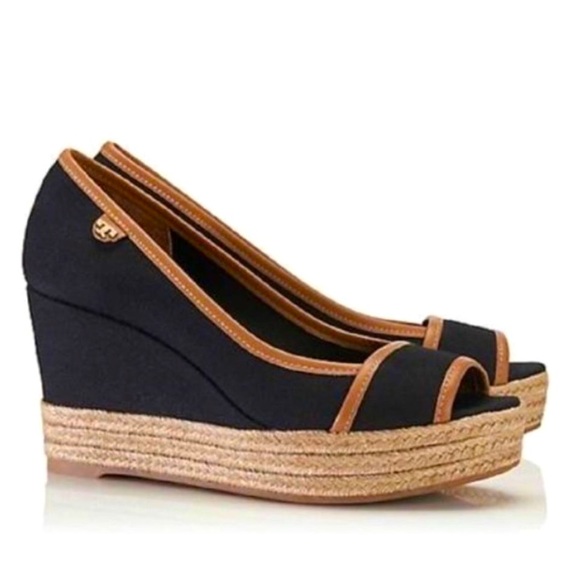 Tory Burch Shoes - Tory Burch Majorca Black Canvas Open Toe Espadrilles Wedge Size 8.5